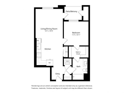Floor plan for 1 bed, 1 bath, 730 sqft
